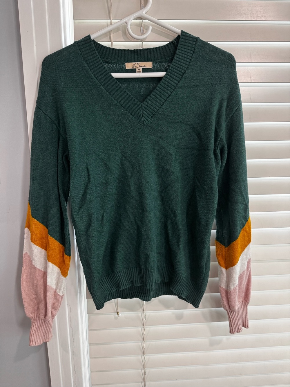 Dark Green V-Neck Sweater with Pink & Mustard Sleeve Stripes